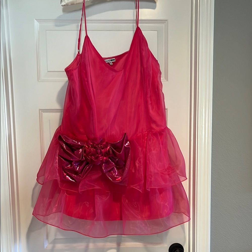 Hot pink drop waist ruffle dress with spaghetti straps